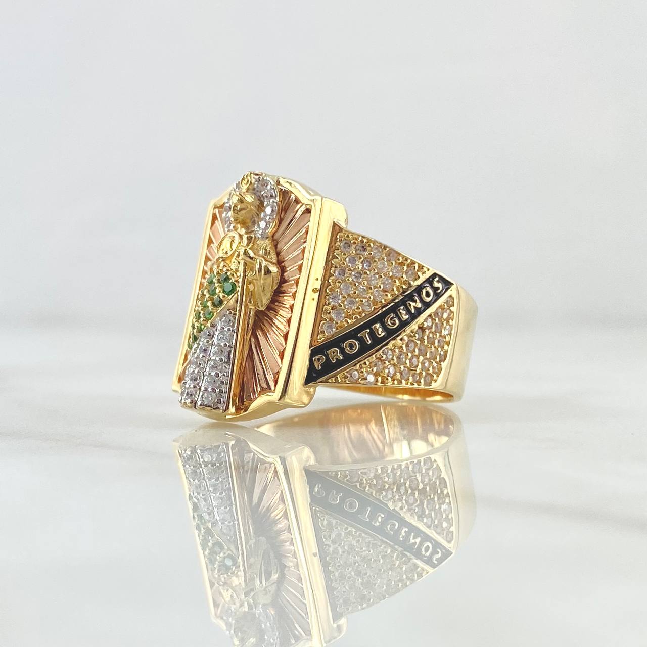 Anillo San Judas Sello Rectangulo 11gr / T10 / Texturizado Circones Blancos Verdes Dos Oros Amarillo Rosa 18K