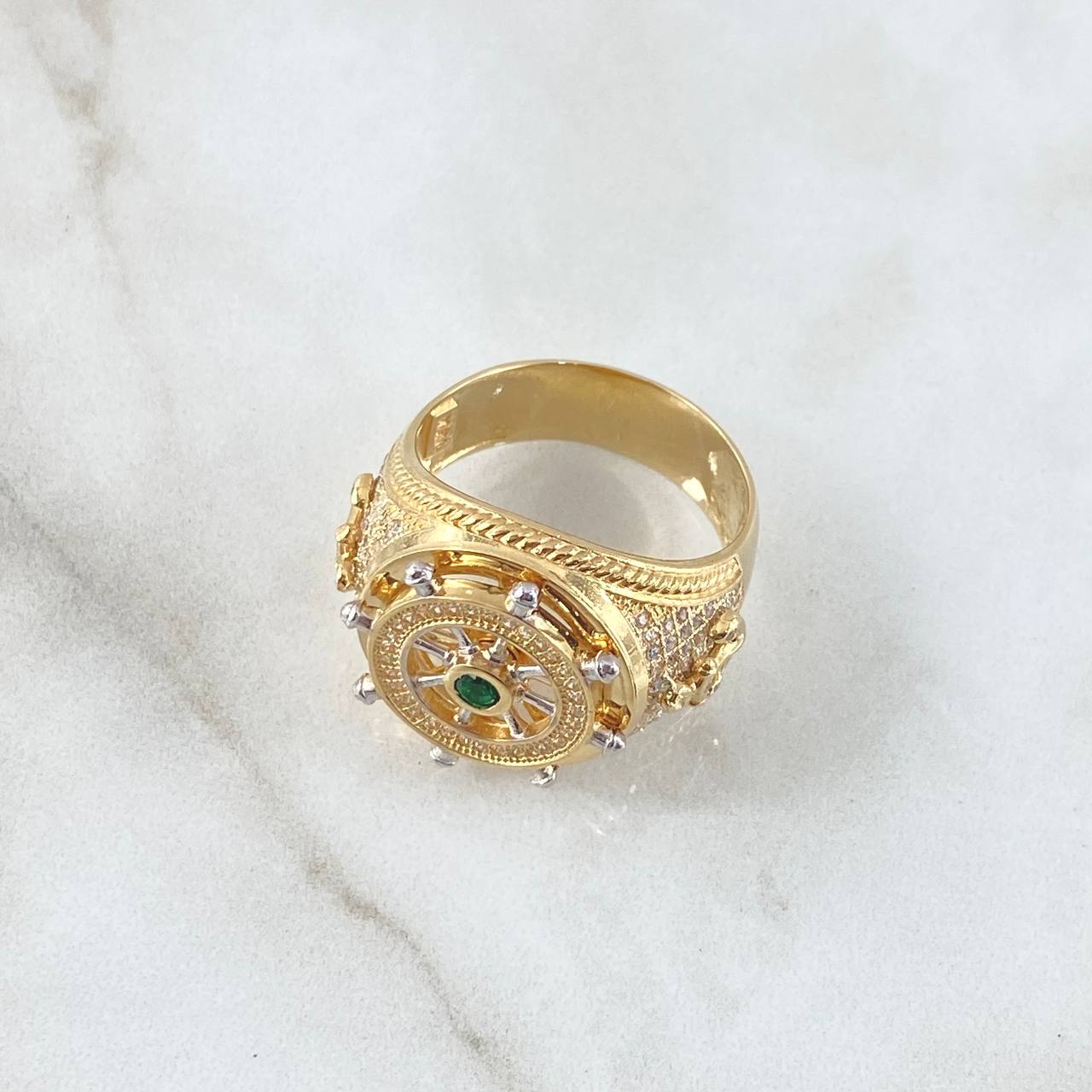 Anillo Timón Movil 15gr / T11 / Circones Blancos Verde Oro Amarillo 18K ©