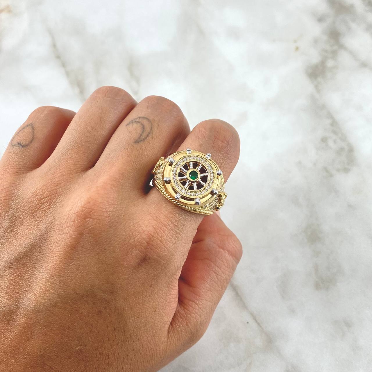 Anillo Timón Movil 15gr / T11 / Circones Blancos Verde Oro Amarillo 18K ©