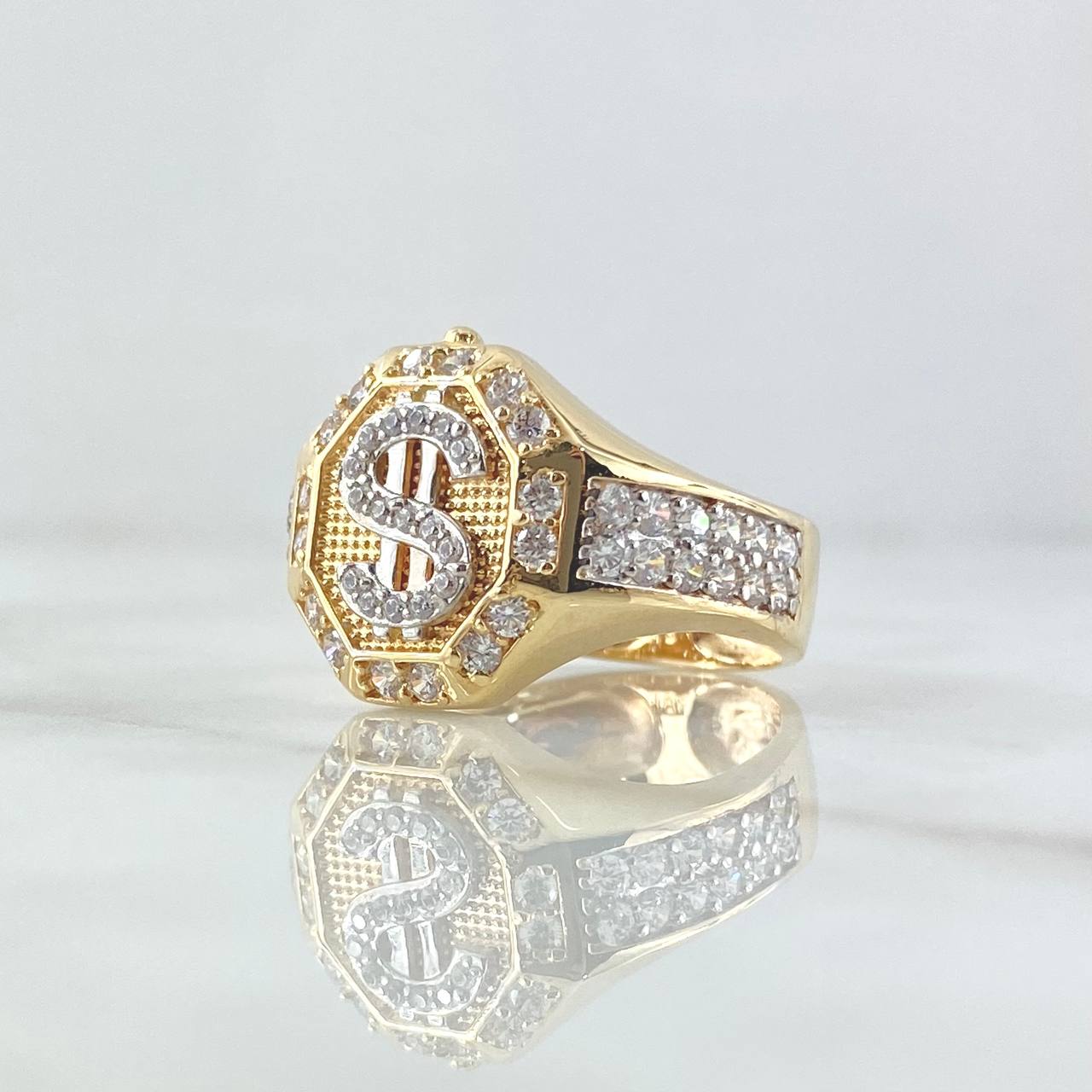 Anillo Signo Dólar Sello Octagono 7.1gr / T11 1/4 / Texturizado Circones Blancos Oro Amarillo 18K ©