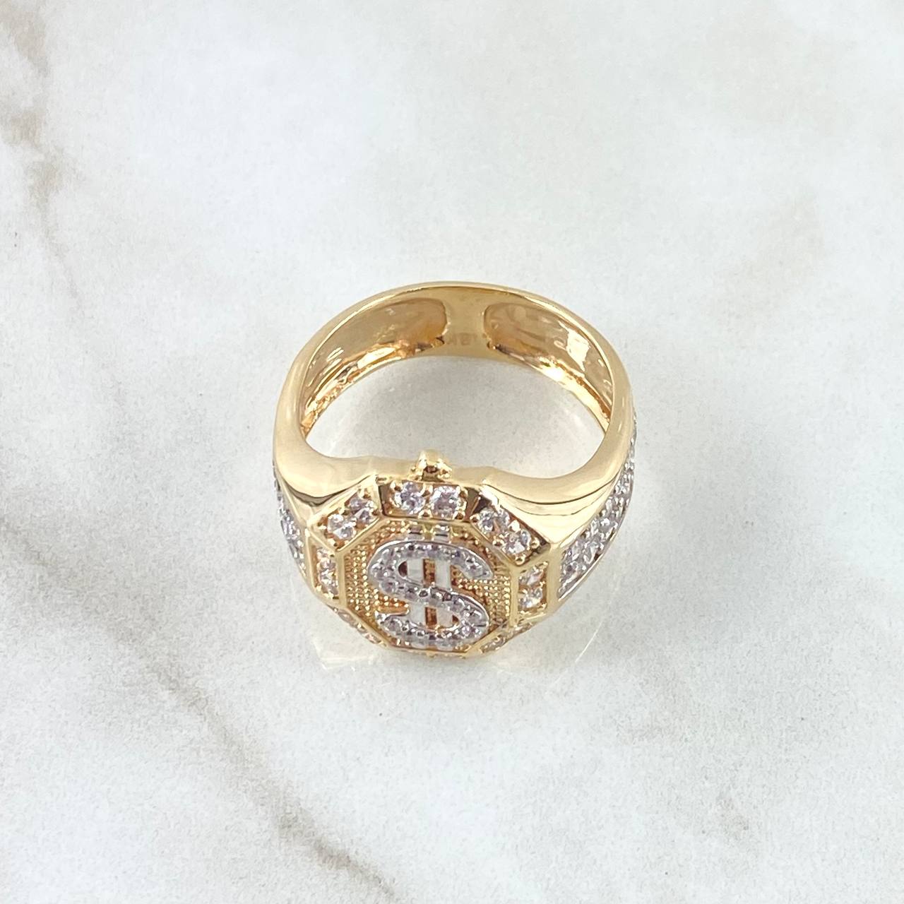 Anillo Signo Dólar Sello Octagono 7.1gr / T11 1/4 / Texturizado Circones Blancos Oro Amarillo 18K ©