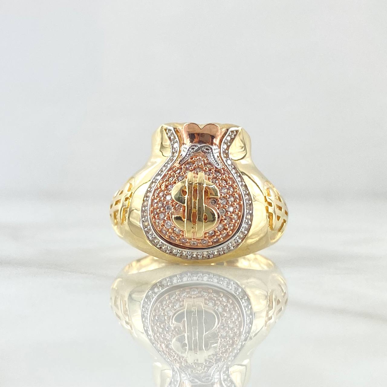Anillo Bolsa de Dólar 8.75gr / T10 / Circones Blancos Dos Oros Amarillo Rosa 18K ©