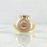 Anillo Bolsa de Dólar 8.75gr / T10 / Circones Blancos Dos Oros Amarillo Rosa 18K ©