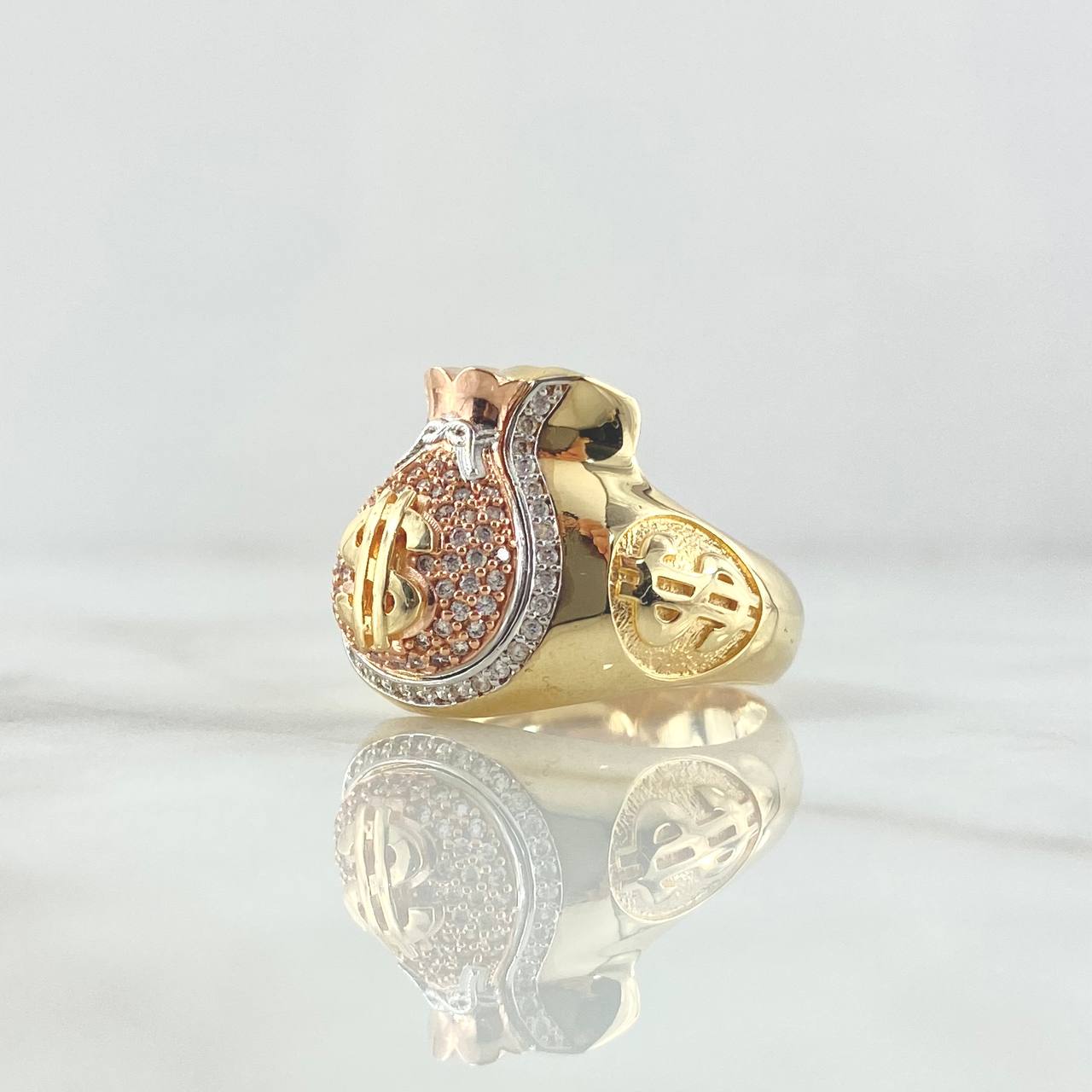 Anillo Bolsa de Dólar 8.75gr / T10 / Circones Blancos Dos Oros Amarillo Rosa 18K ©