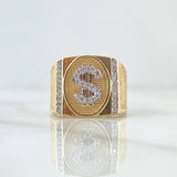 Anillo Signo Dólar Sello Ovalado 6.9gr / T11 1/2 / Texturizado Circones Blancos Dos Oros Amarillo Blanco 18K ©