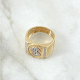 Anillo Signo Dólar Sello Ovalado 6.9gr / T11 1/2 / Texturizado Circones Blancos Dos Oros Amarillo Blanco 18K ©