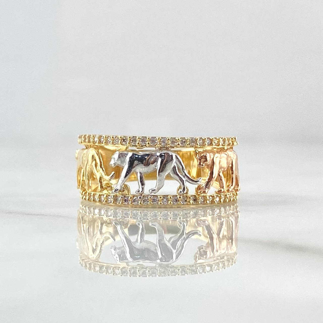 Anillo Triple Pantera 4.35gr / T7 1/4 / Silueta Circones Blancos Tres Oros 18K ©