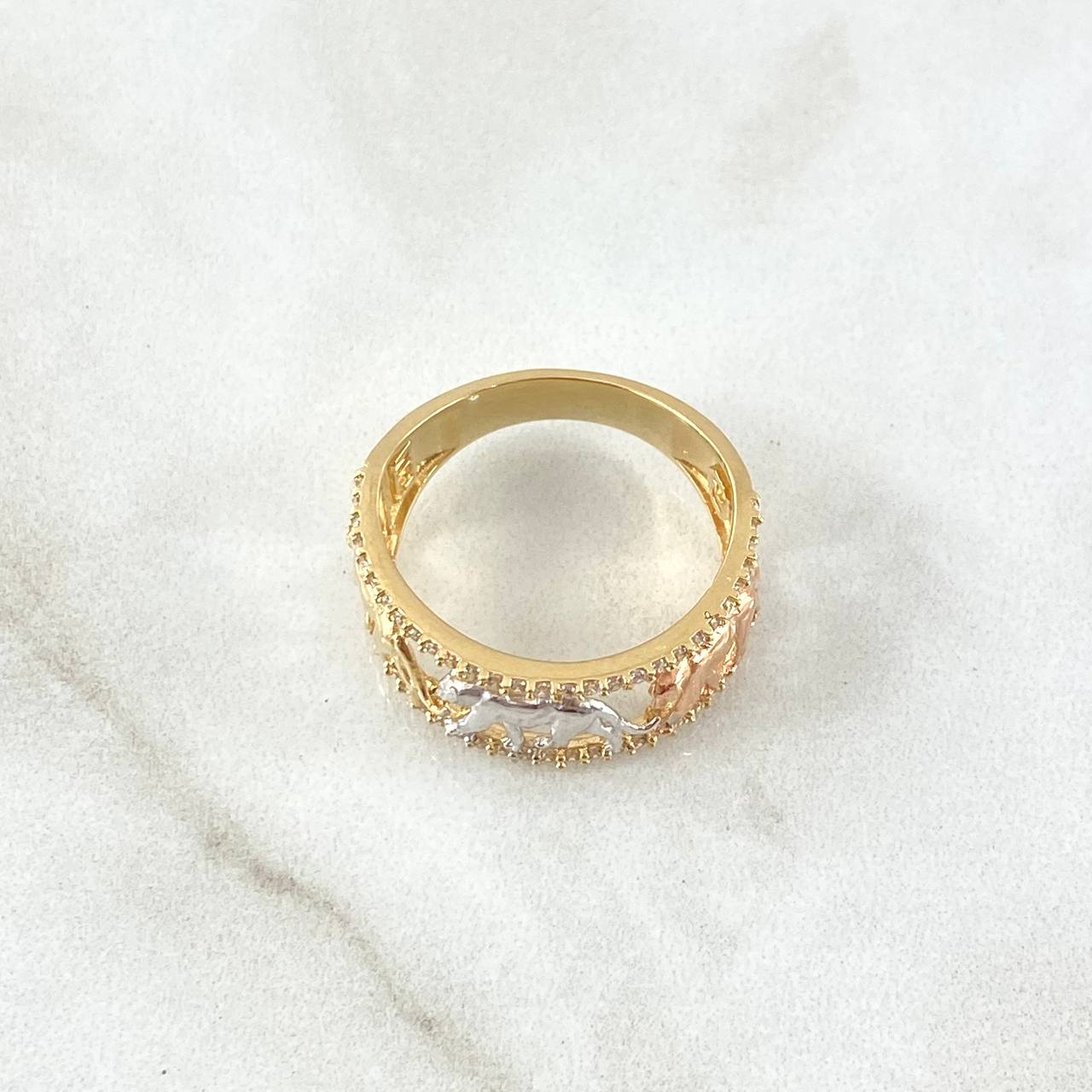 Anillo Triple Pantera 4.35gr / T7 1/4 / Silueta Circones Blancos Tres Oros 18K ©