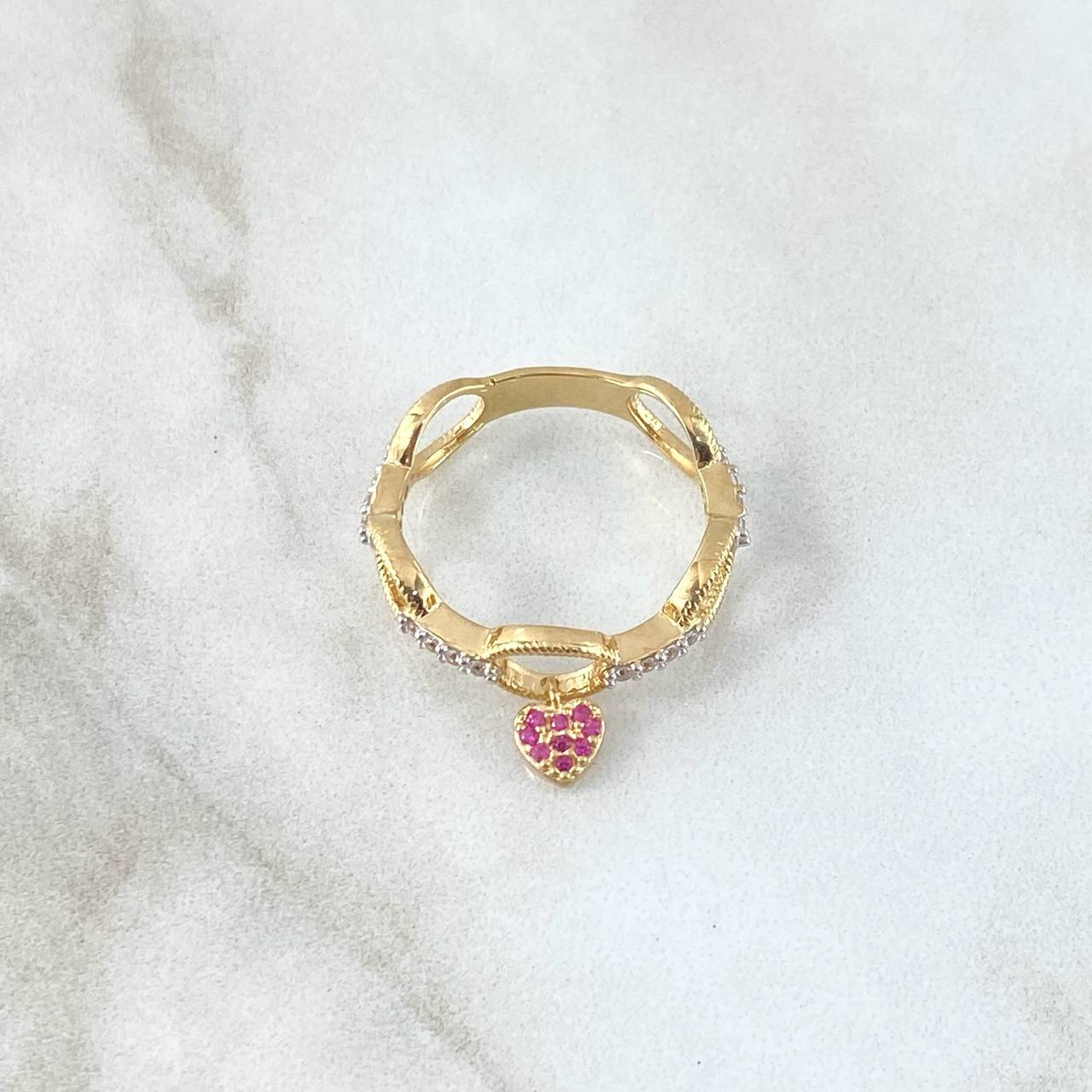 Anillo Aros Entrelazados Corazón Colgante 3gr / T6 3/4 / Circones Blancos Fucsias  Oro Amarillo 18K ©