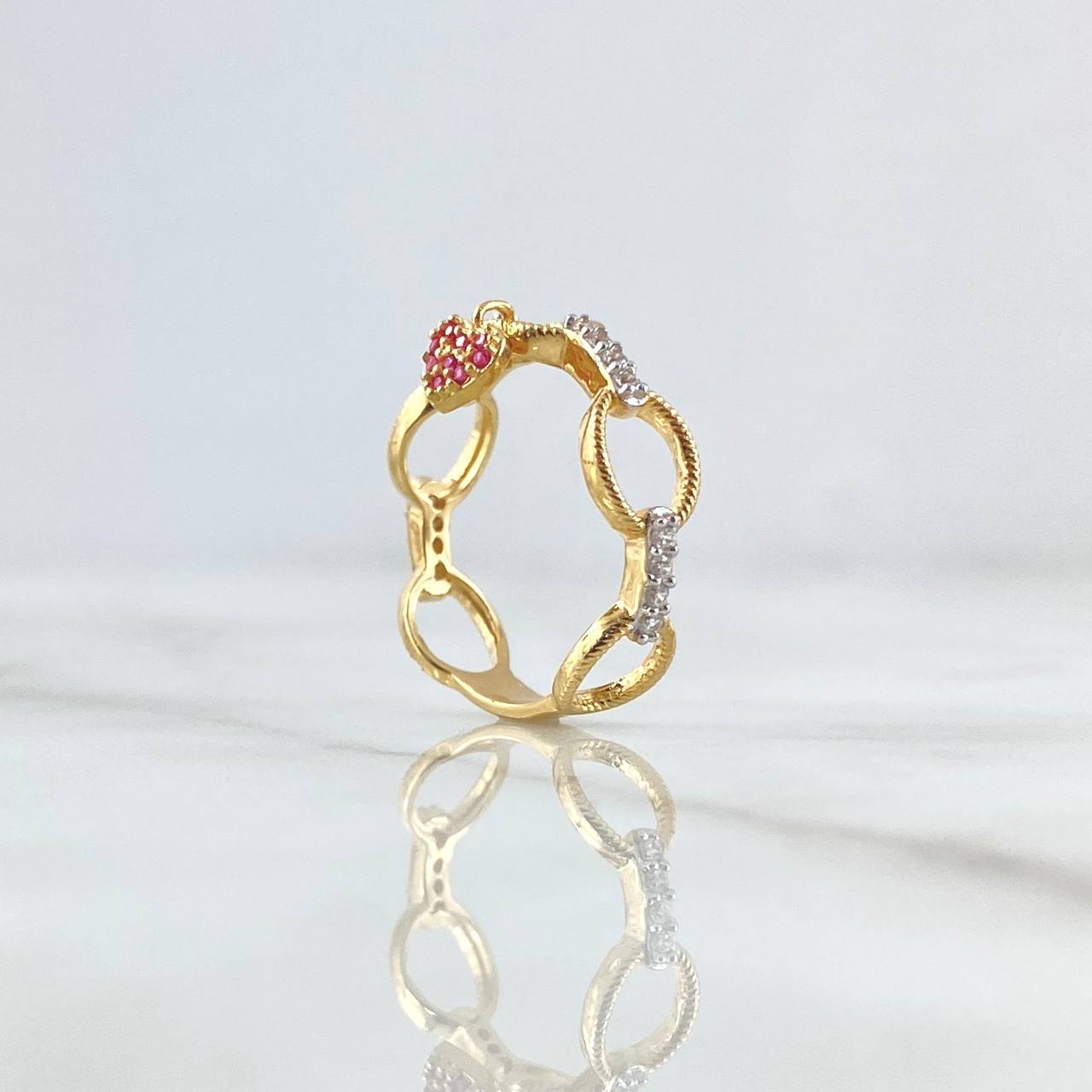 Anillo Aros Entrelazados Corazón Colgante 3gr / T6 3/4 / Circones Blancos Fucsias  Oro Amarillo 18K ©