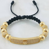 Pulsera Negra Herraje Placa Rectangular Corona 13gr / Oro Amarillo 18K *