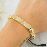 Pulsera Negra Herraje Placa Rectangular Corona 13gr / Oro Amarillo 18K *