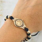 Pulsera Negra Herraje Corona 6.8gr / Dos Oros Amarillo Rosa 18K ©