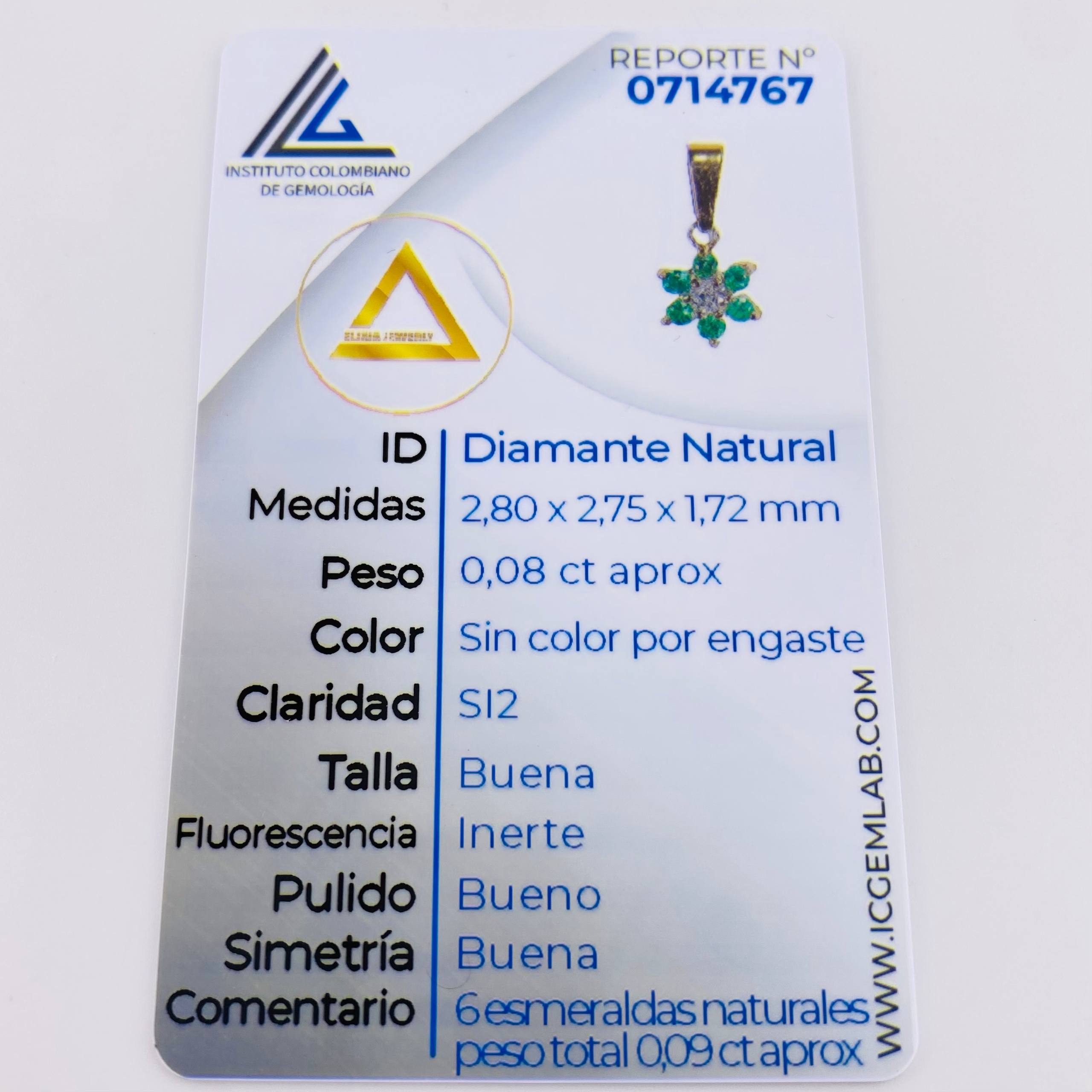 Dije Flor Driada Diamante 8pts Esmeraldas 9pts 0.75gr / 1.6cm / Oro Amarillo 18K