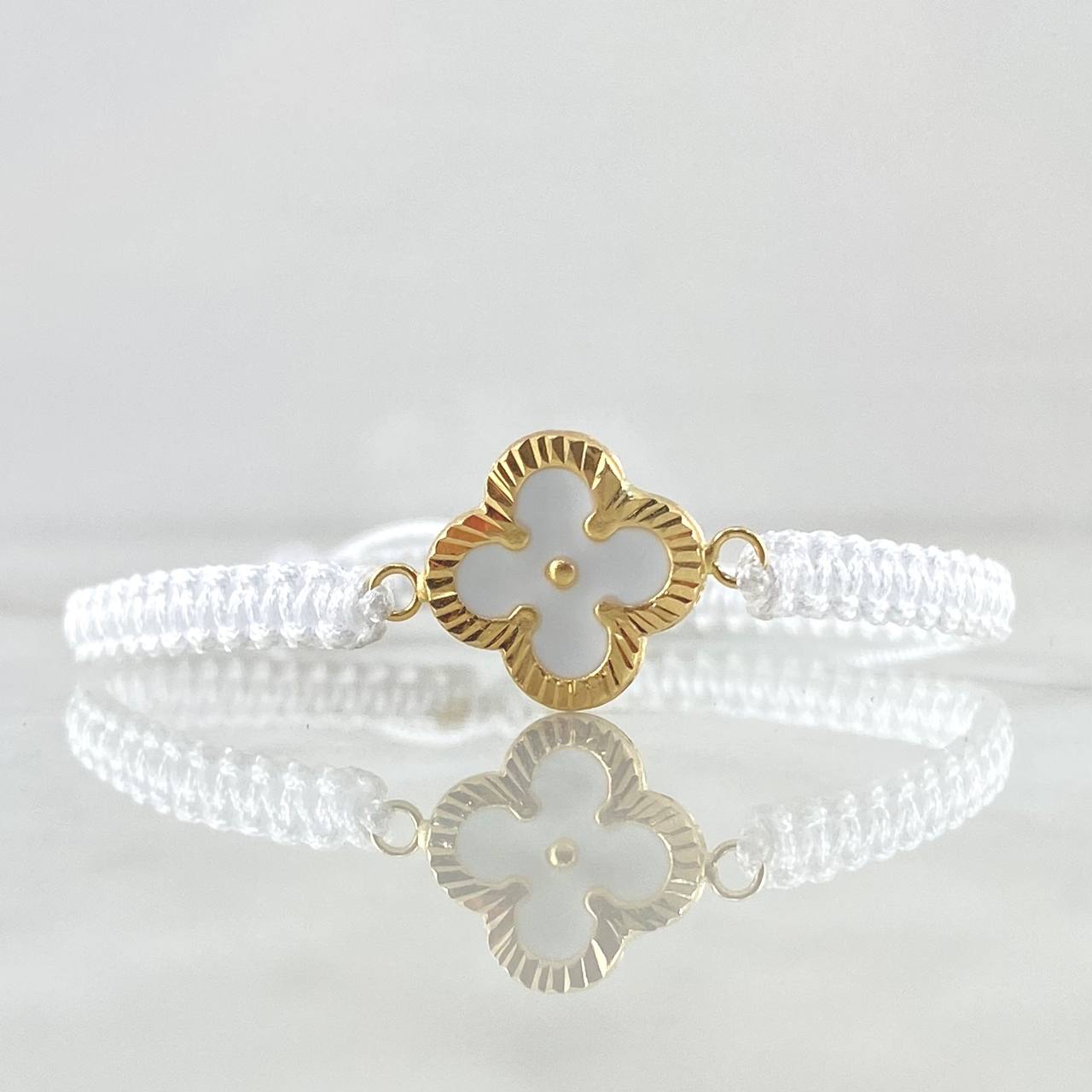 Pulsera Blanca Herraje Trébol VCyA 1gr / Diamantado Oro Amarillo 18K