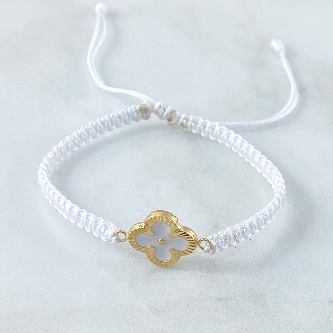 Pulsera Blanca Herraje Trébol VCyA 1gr / Diamantado Oro Amarillo 18K