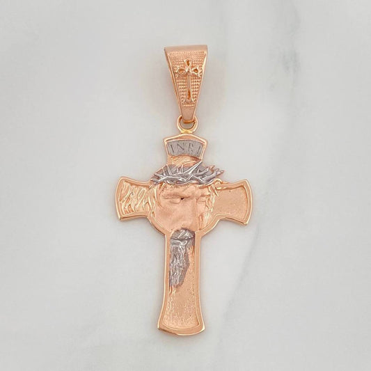 Dije Cruz Rostro Cristo 5 g / 4.5 cm Dos Oros Blanco Rosa 18K
