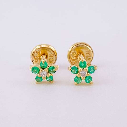 Topos Flor Cinco Petalos Esmeraldas 12pts Diamantes 3pts 1g / 5.2mm Oro Amarillo 18K