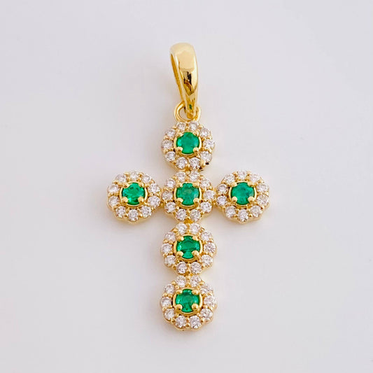 Dije Cruz Tupida Esmeraldas 37Pts, Diamantes 60Pts 3.5 g / 4 cm Oro Amarillo 18K