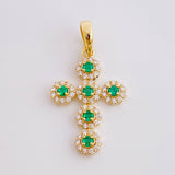 Dije Cruz Tupida Esmeraldas 37Pts, Diamantes 60Pts 3.5 g / 4 cm Oro Amarillo 18K