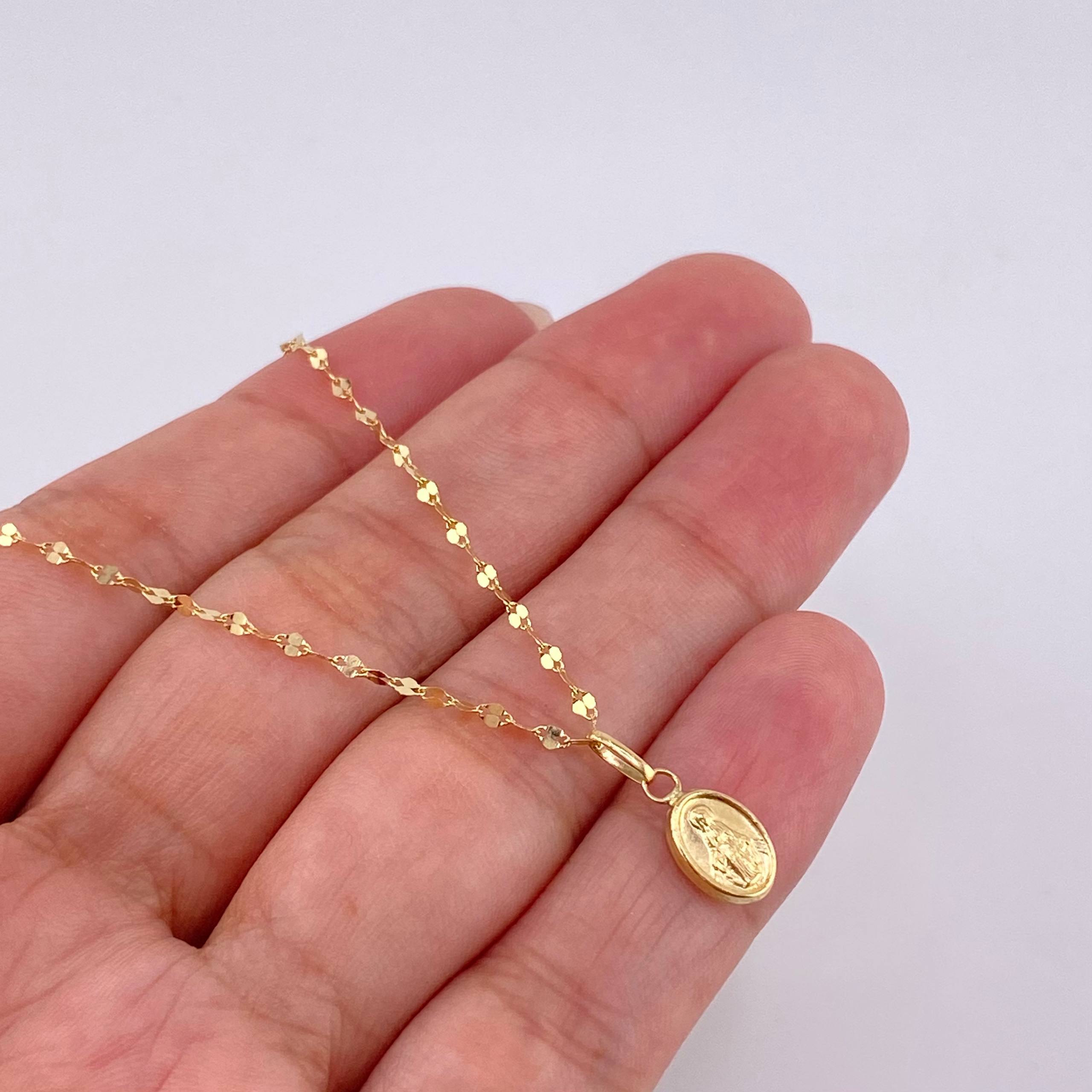 Set Cadena Flor Espejo + Dije Virgen Milagrosa / 1.2 g / 45.2 cm Oro Amarillo 18K