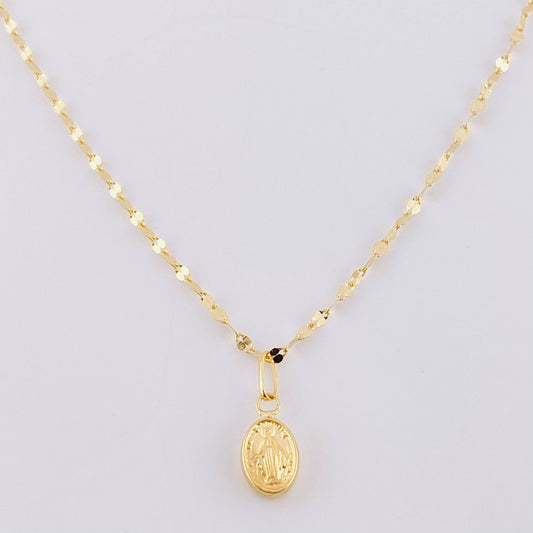Set Cadena Flor Espejo + Dije Virgen Milagrosa / 1.2 g / 45.1 cm Oro Amarillo 18K