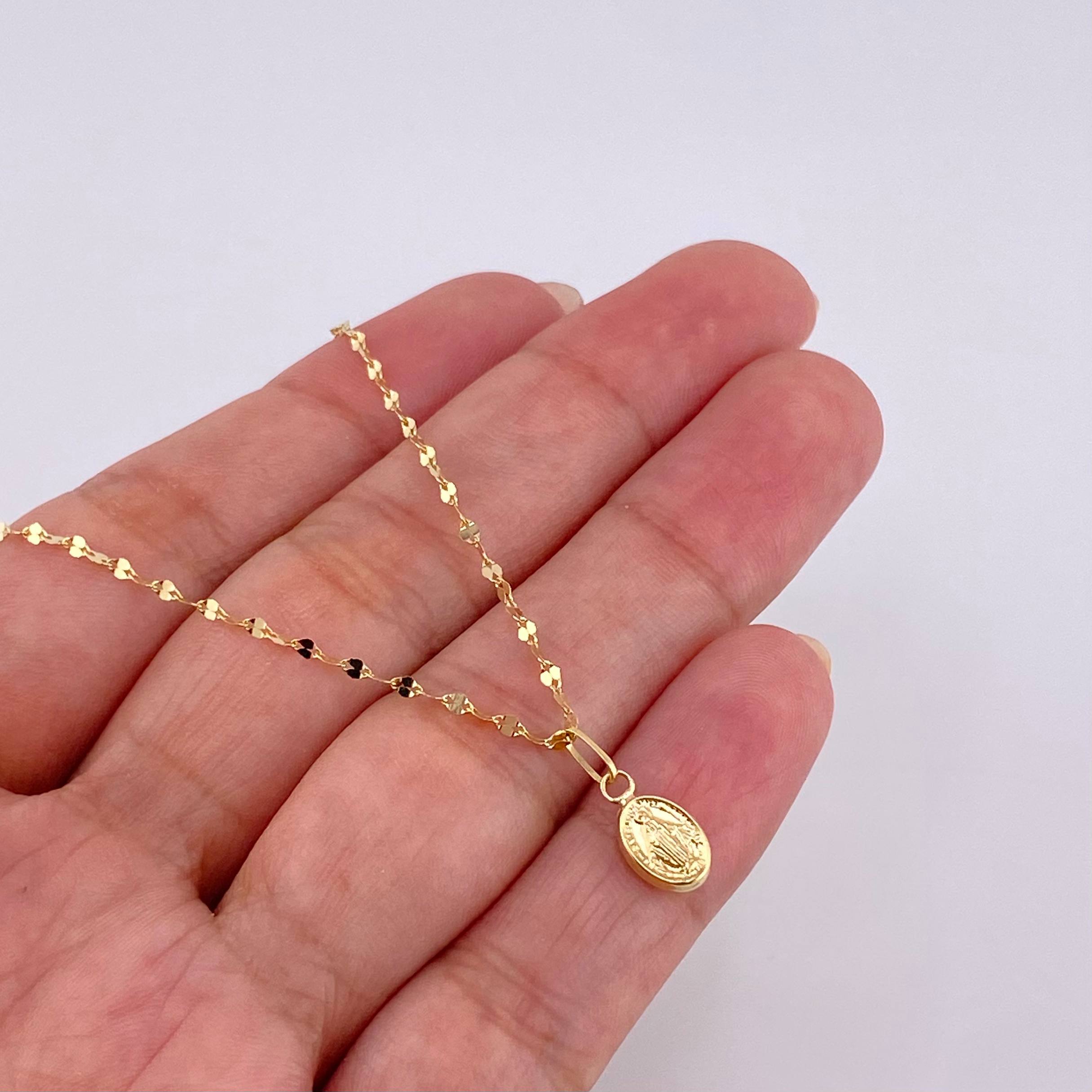 Set Cadena Flor Espejo + Dije Virgen Milagrosa / 1.3 g / 45.1 cm Oro Amarillo 18K