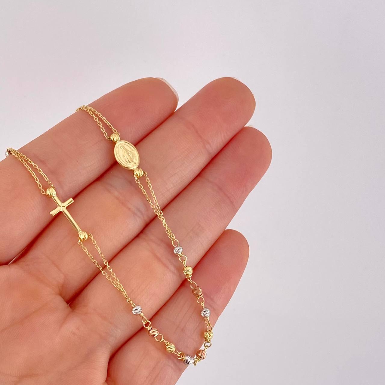 Rosario Cruz Virgen Milagrosa 3.8g / 45cm / 2.5mm Tres Oros 18K