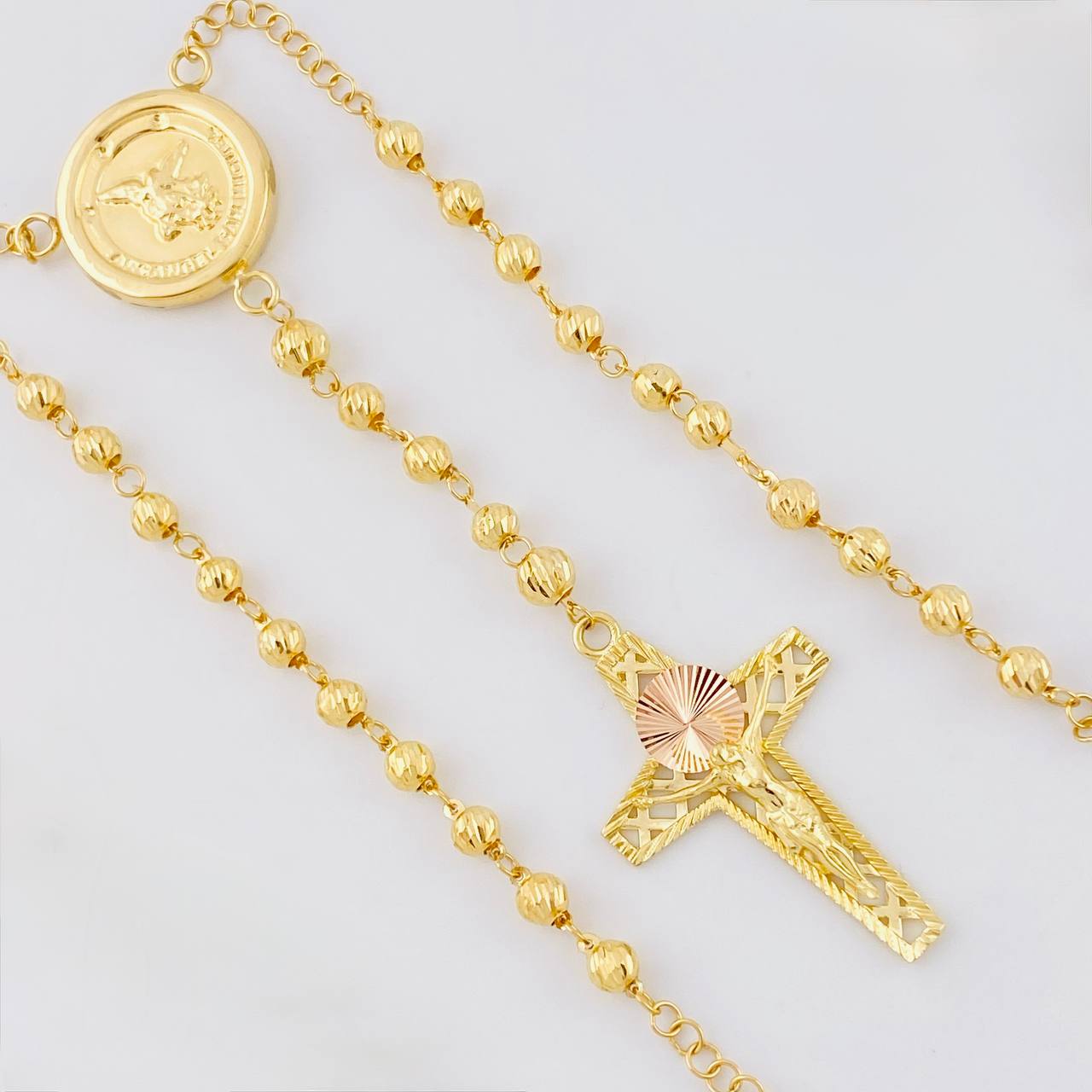 Rosario San Miguel Arcangel Cruz Diamantada 12.3g / 60cm / 4mm Dos Oros Amarillo Rosa 18K