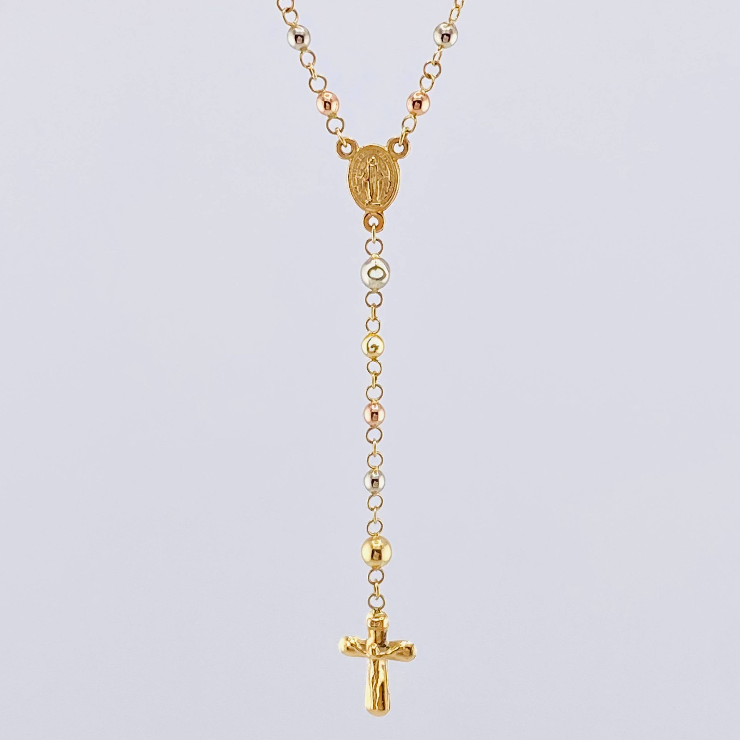 Rosario Virgen Milagrosa Cruz Cristo 5.9gr / 50cm / 3mm - 4mm Oro Amarillo +4 Tres Oros 18K