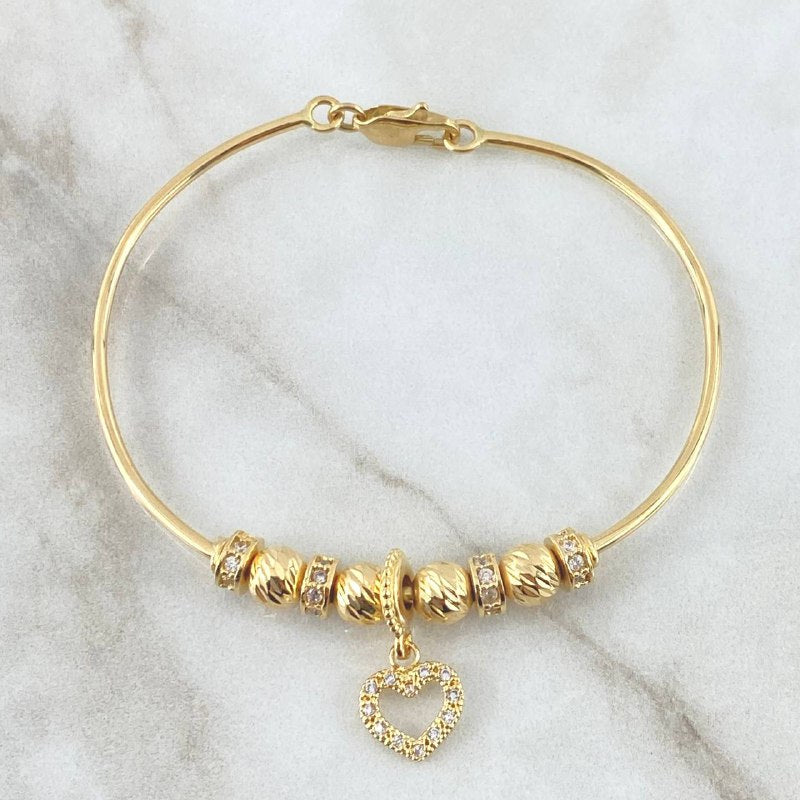 Pulso PD Corazón 8.75gr / 17cm / 6mm Bolas Diamantadas - Circones Blancos Oro Amarillo 18K