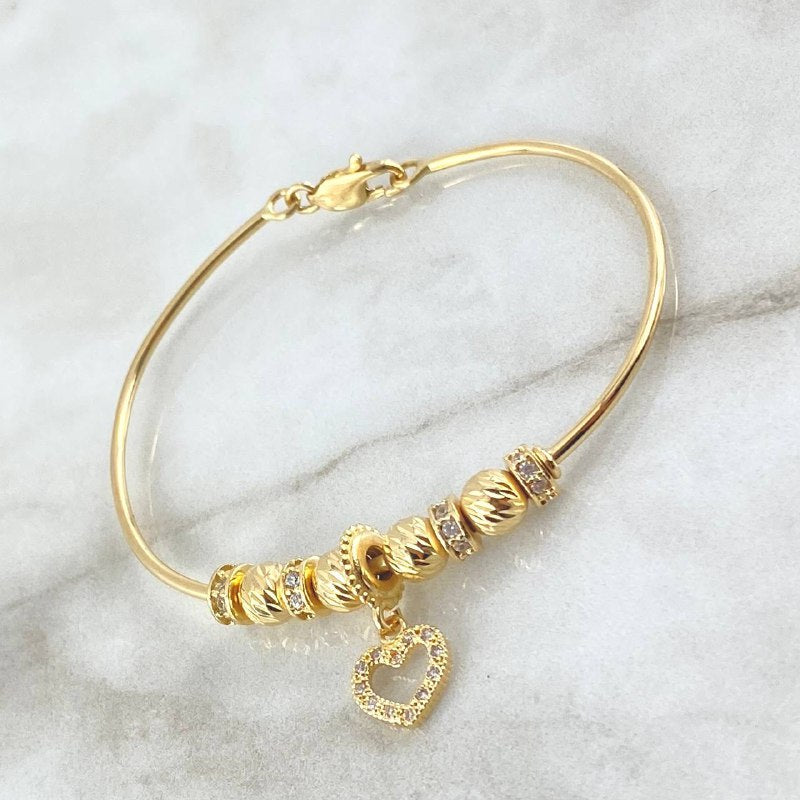 Pulso PD Corazón 8.75gr / 17cm / 6mm Bolas Diamantadas - Circones Blancos Oro Amarillo 18K