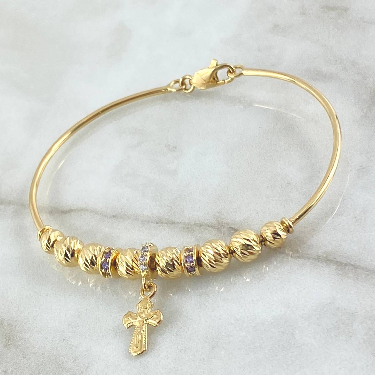 Pulso PD Cruz Cristo 7.75gr / 18.5cm / 5mm - 6 mm Bolas Diamantadas - Circones Blancos - Morados Oro Amarillo 18K