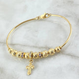 Pulso PD Cruz Cristo 7.75gr / 18.5cm / 5mm - 6 mm Bolas Diamantadas - Circones Blancos - Morados Oro Amarillo 18K