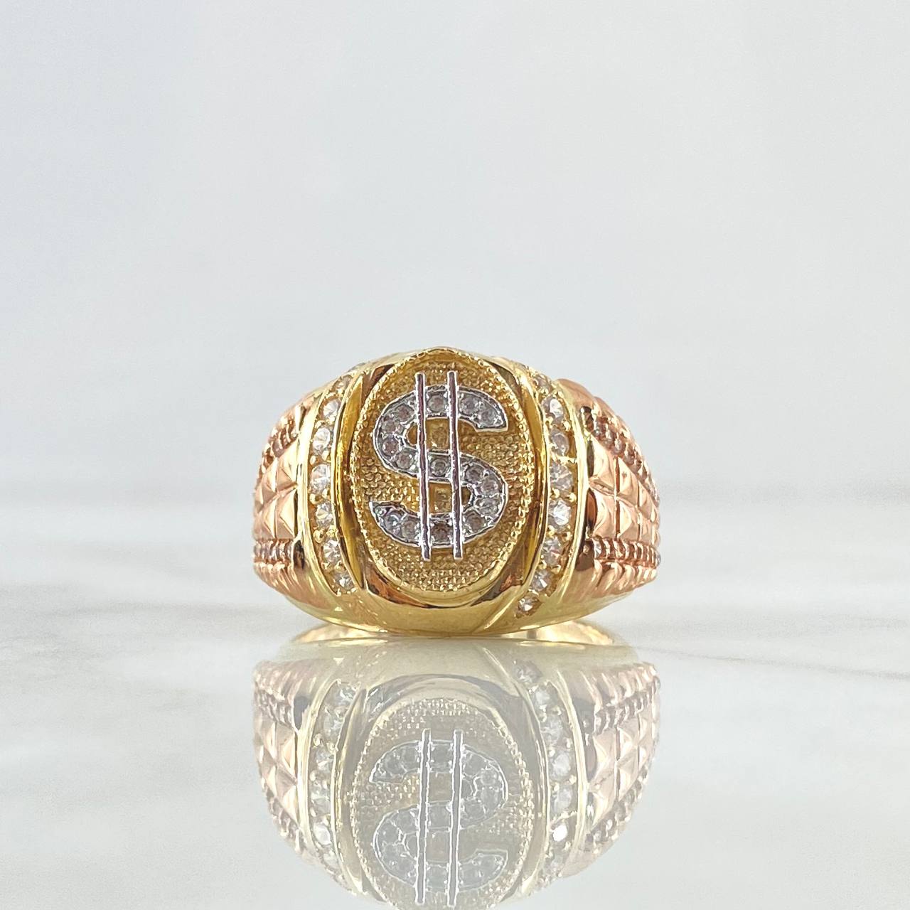 Anillo Sello Signo Dólar 10gr / T10 / Circones Blancos Tres Oros 18K ©