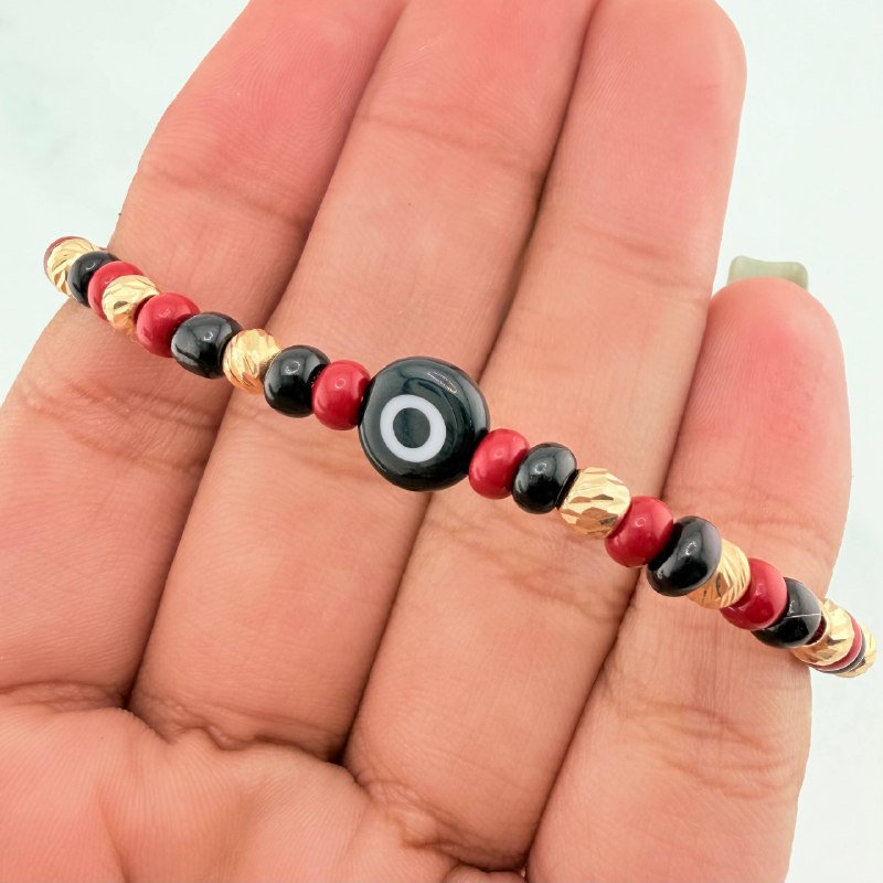 Pulsera Tejida Roja Ojo Turco Oro Amarillo 18K
