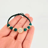 Pulsera Tejida Verde Circulo Corona Bolas Lisas Dos Oros Amarillo Blanco 18K