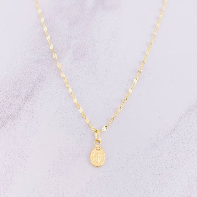 Set Cadena Flor Espejo + Dije Virgen Milagrosa / 1.25g / 45cm Oro Amarillo 18K