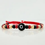 Pulsera Tejida Roja Ojo Turco Oro Amarillo 18K