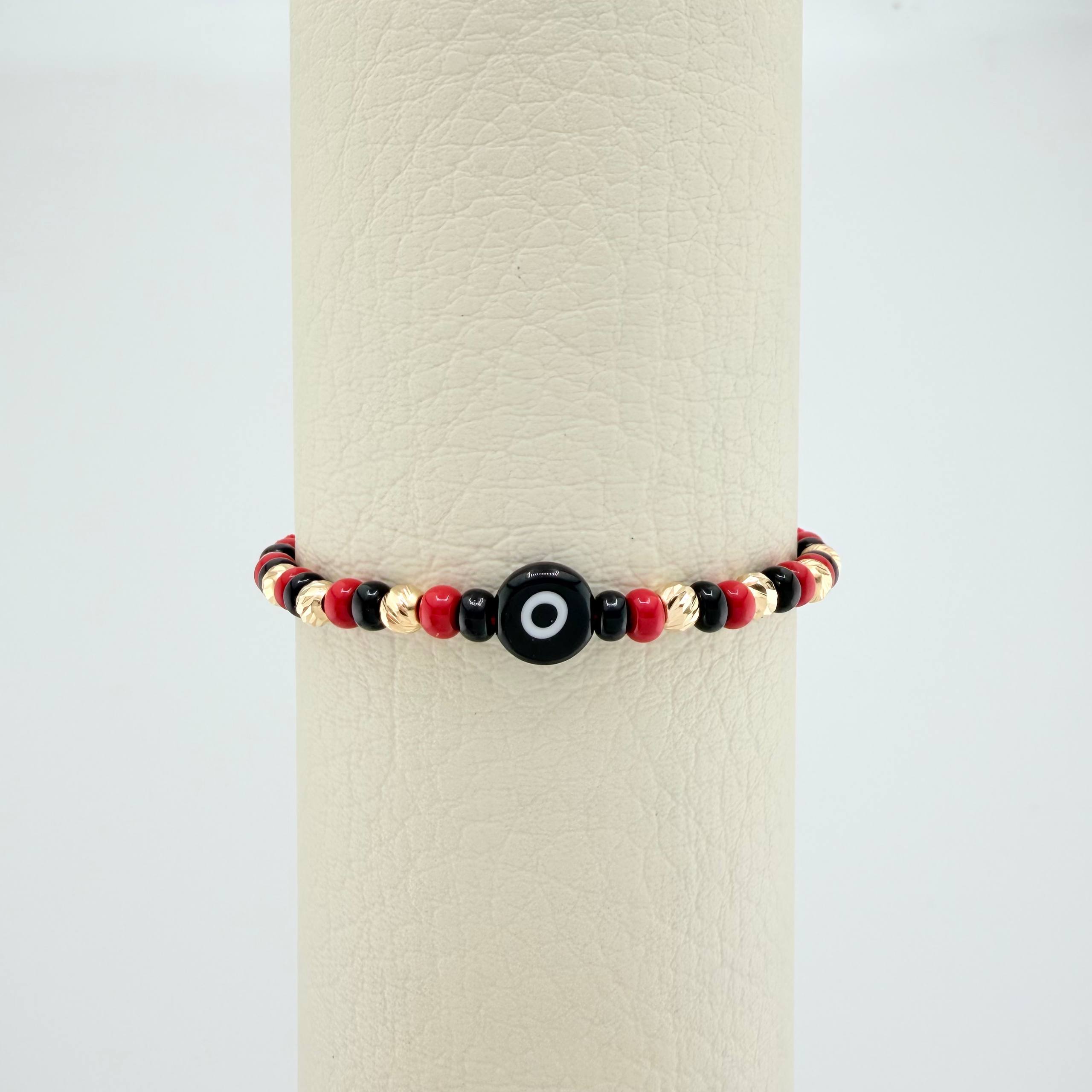 Pulsera Tejida Roja Ojo Turco Oro Amarillo 18K