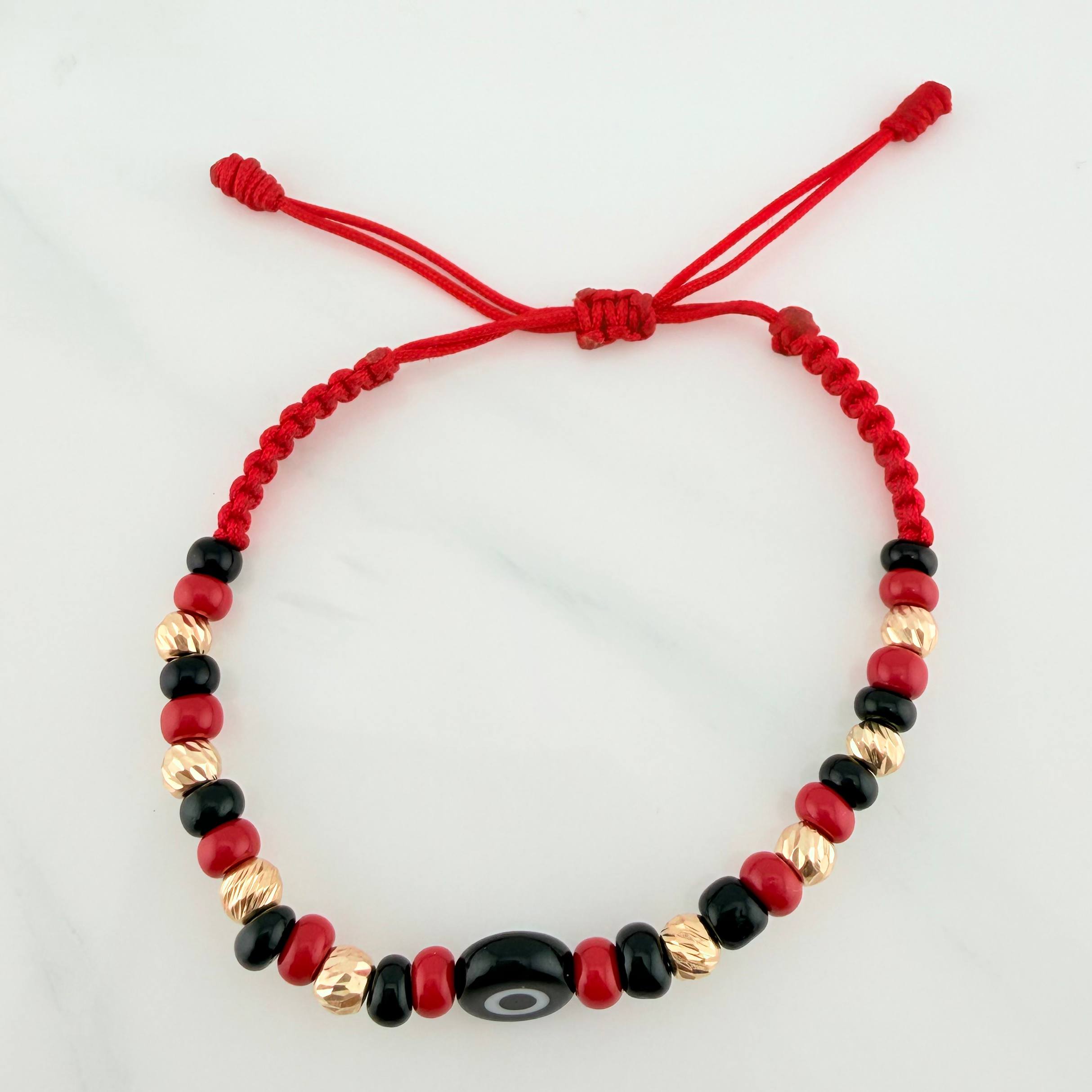 Pulsera Tejida Roja Ojo Turco Oro Amarillo 18K