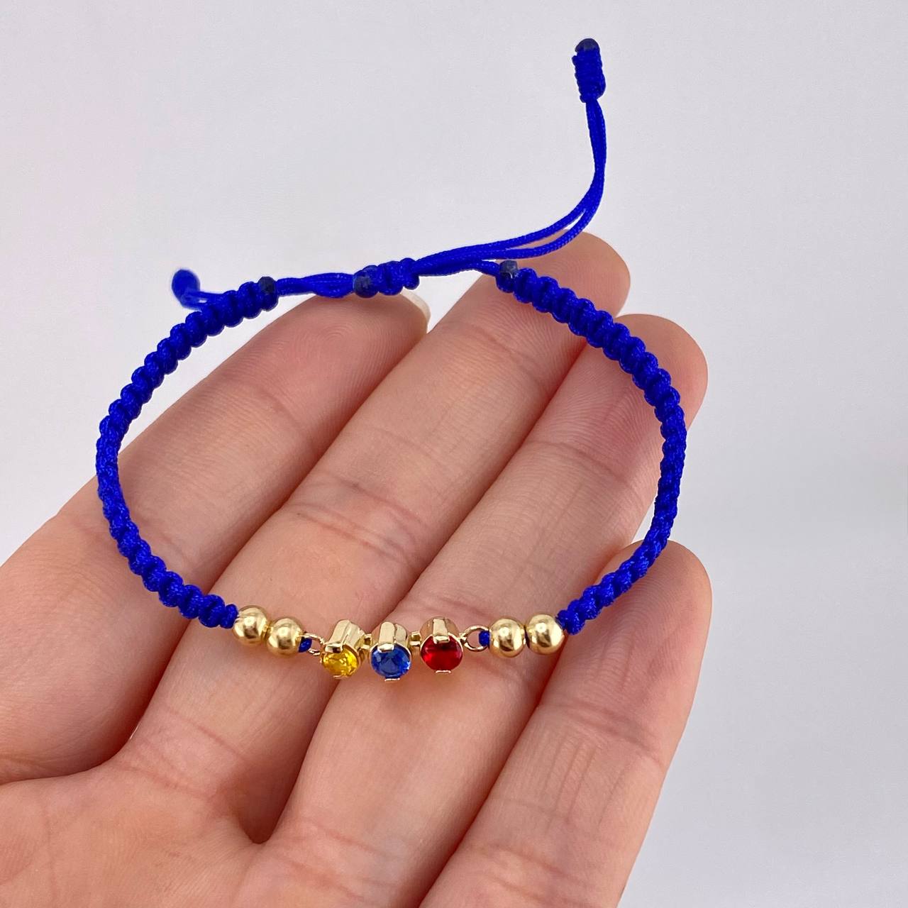 Pulsera Tejida Azul Trio Chispas Bolas Lisas Oro Amarillo 18K
