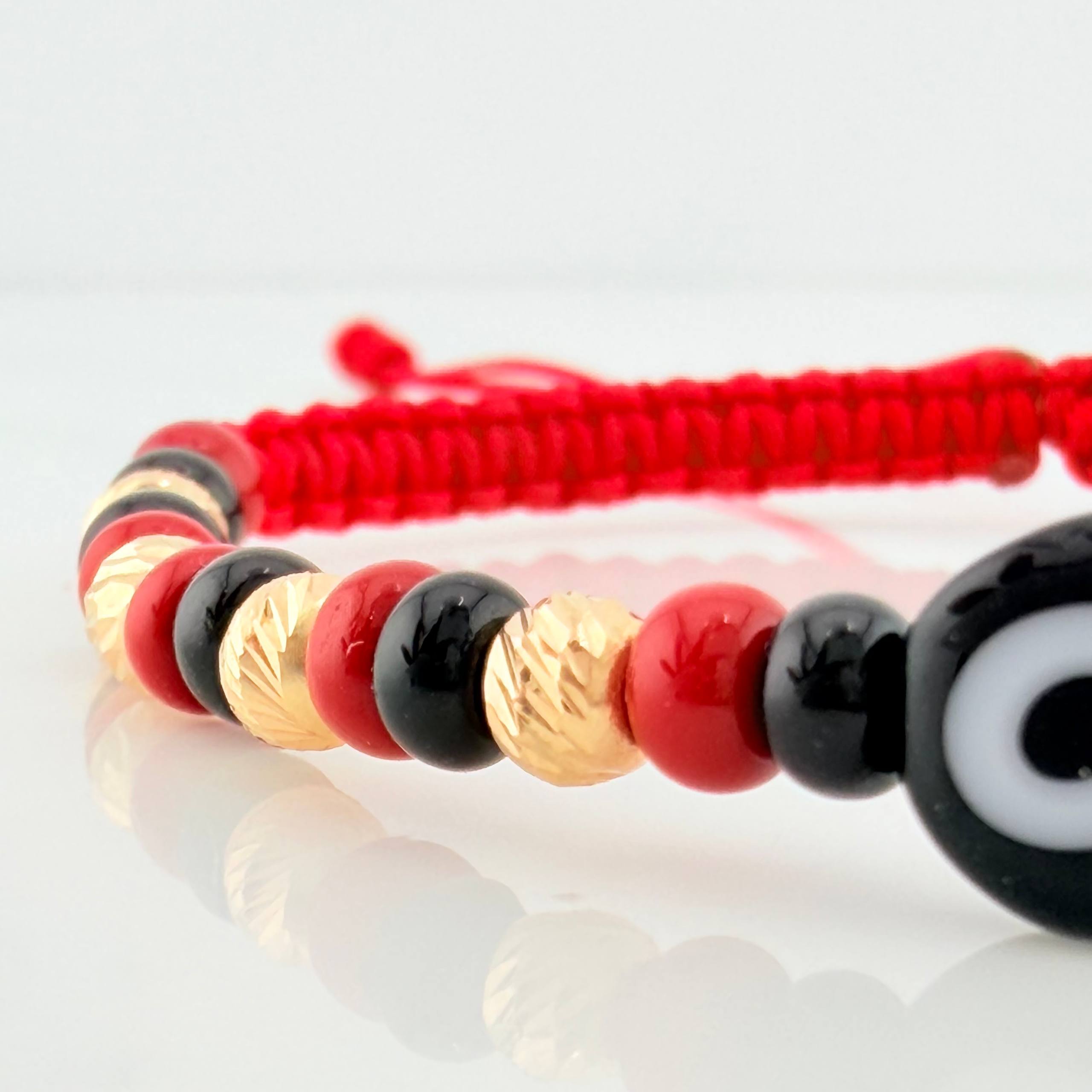 Pulsera Tejida Roja Ojo Turco Oro Amarillo 18K