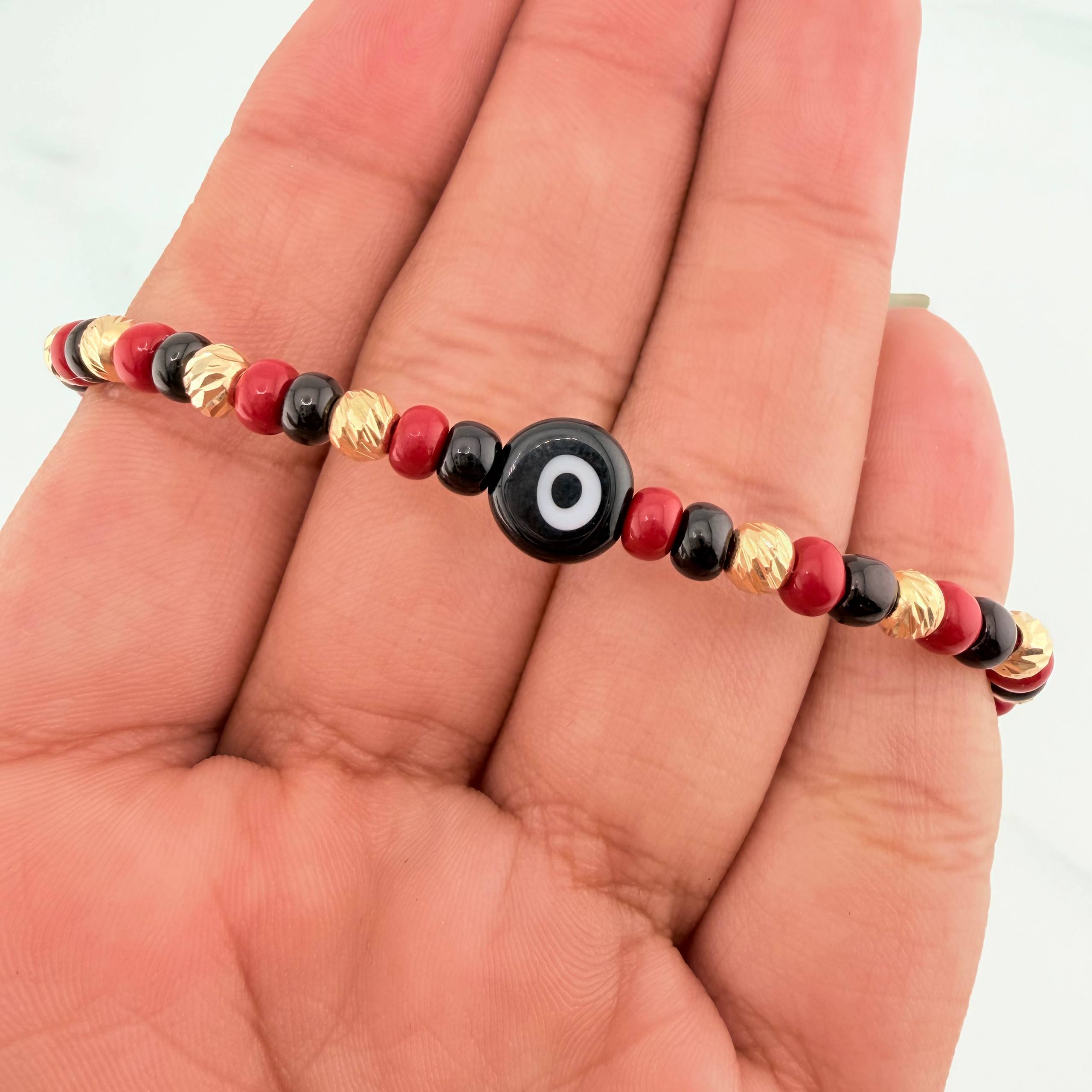 Pulsera Tejida Roja Ojo Turco Oro Amarillo 18K