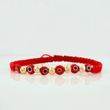 Pulsera Tejida Roja Ojos Turcos Oro Amarillo 18K
