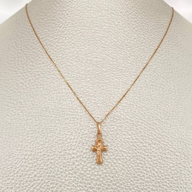 Set Cadena y Dije Veneciana + Cruz Cristo 1.5gr / Oro Rosa 18K (Oferta) $