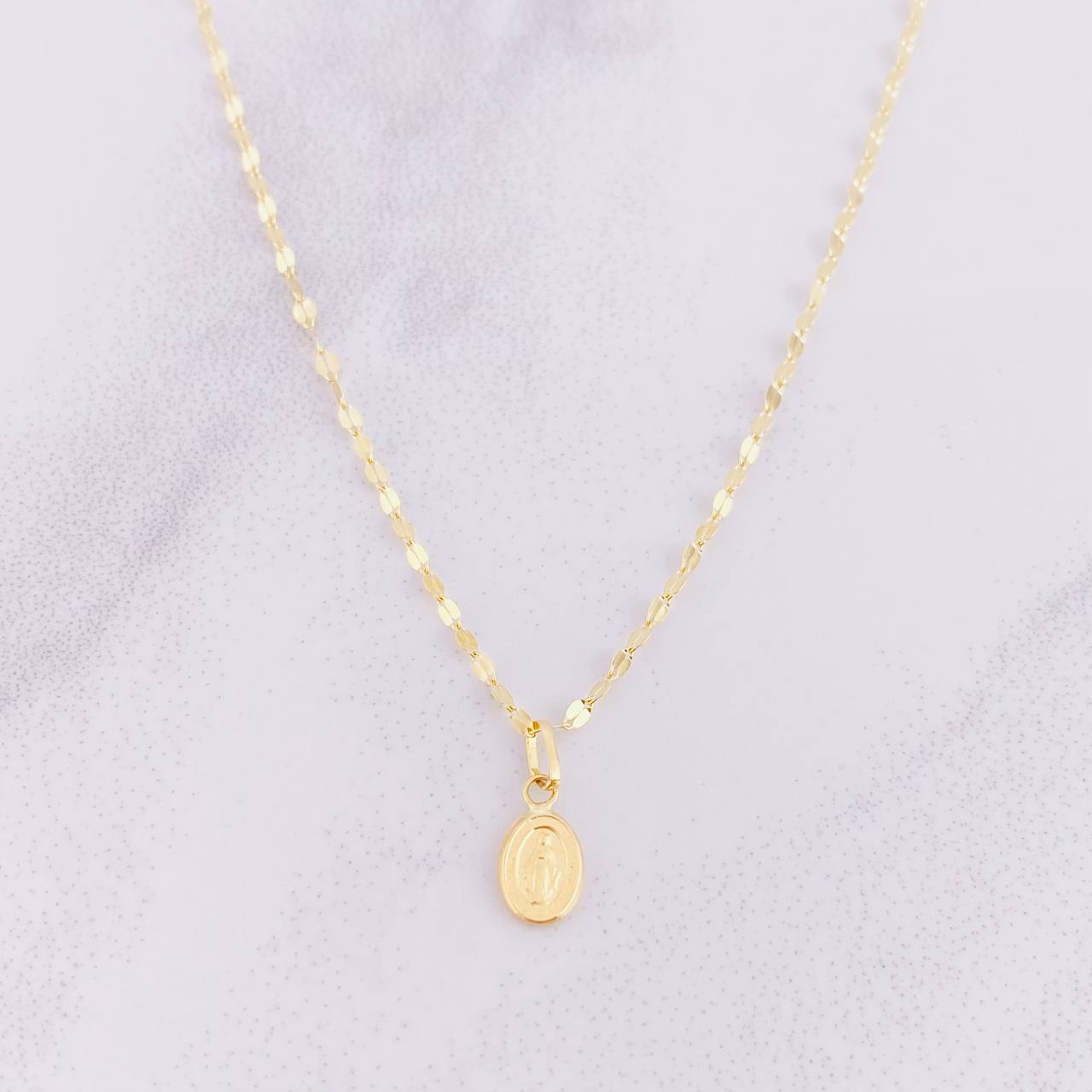 Set Cadena Flor Espejo + Dije Virgen Milagrosa / 1.25g / 45cm Oro Amarillo 18K