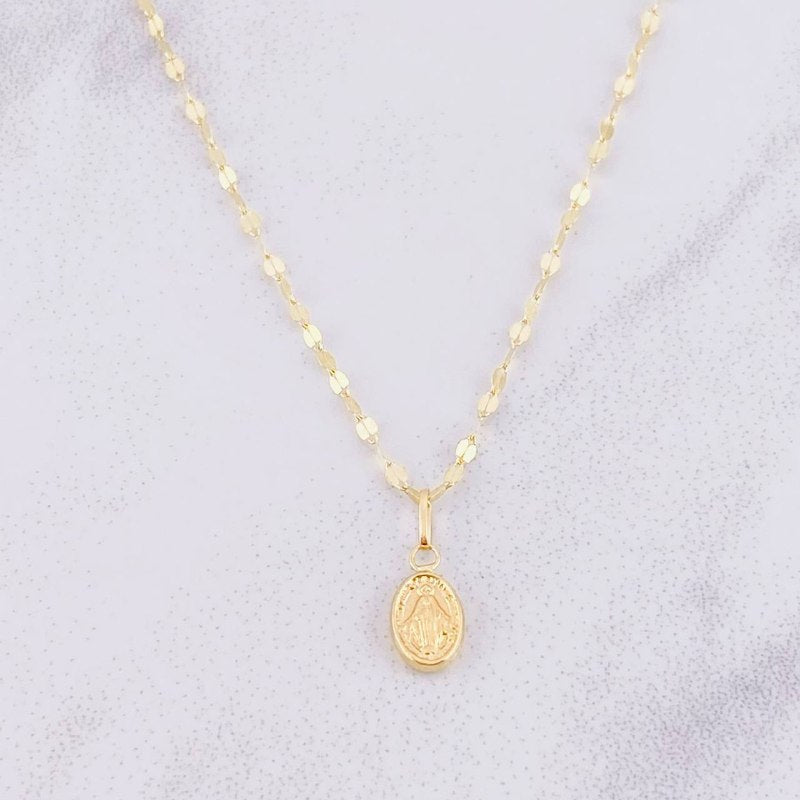 Set Cadena Flor Espejo + Dije Virgen Milagrosa / 1.35g / 45cm Oro Amarillo 18K