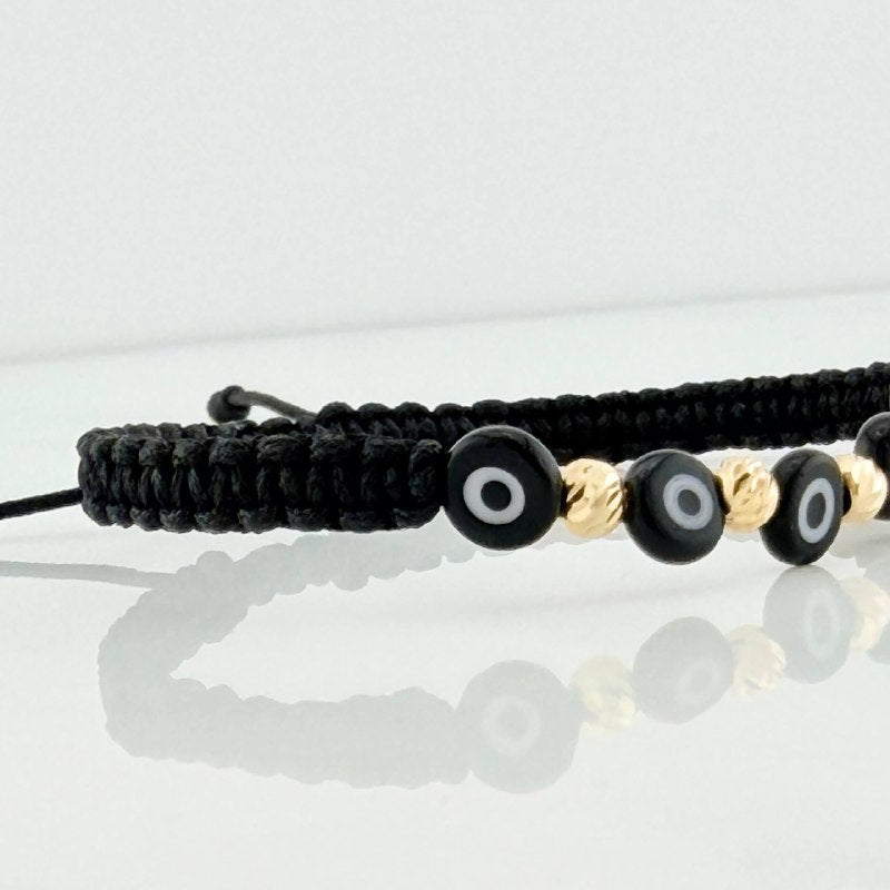 Pulsera Tejida Negra Ojos Turcos Negros Oro Amarillo 18K