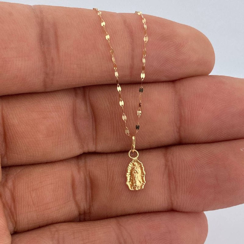 Set Cadena y Dije Flor Espejo + Virgen Guadalupe 0.6gr / Oro Amarillo 18K (Oferta) $